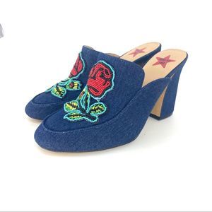 ANNA SUI Denim Beaded wedge heel slip on shoes 9.5